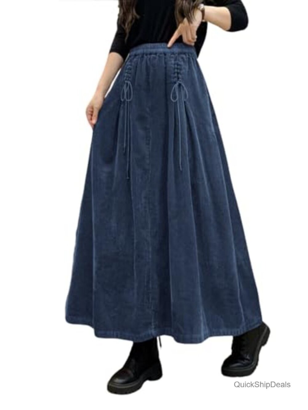 Women's Corduroy High Waist Drawstring A-Line Midi Skirt with Pockets